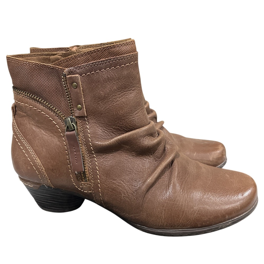 Cobb Hill Brown Leather Ankle Boots Womens‎ 7 Low Block Heel Ruched Slouchy Boho
